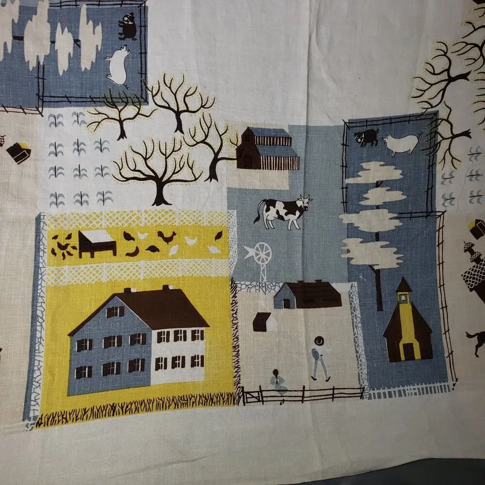 LEACOCK PRINTS Vintage White Blue and Yellow Country Farmhouse Square Tablecloth